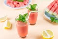 Watermelon smoothie with banana and lemon. Summer healthy refreshment drink