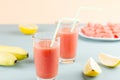 Watermelon smoothie with banana and lemon. Summer healthy refreshment drink Royalty Free Stock Photo