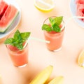 Watermelon smoothie with banana and lemon. Summer healthy refreshment drink Royalty Free Stock Photo