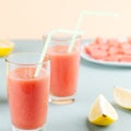 Watermelon smoothie with banana and lemon. Summer healthy refreshment drink Royalty Free Stock Photo