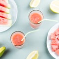 Watermelon smoothie with banana and lemon. Summer healthy refreshment drink Royalty Free Stock Photo