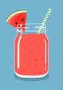 Watermelon smoothie in mason jar with slice of watermelon and swirled straw. Vector hand drawn illustration.