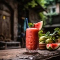Watermelon Smoothie On Stone In Rustic Pub. Generative AI Royalty Free Stock Photo