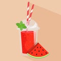 Cartoon smoothie in a transparent plastic glass. Vector illustration. Smoothie with Watermelon flavour, take away. Healthy fresh