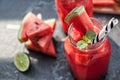 Watermelon smothie and slices with lime Royalty Free Stock Photo