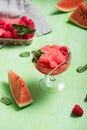 Watermelon sorbet or granita, refreshing summer dessert with strawberries