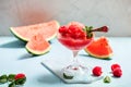 Watermelon sorbet or granita, refreshing summer dessert with strawberries