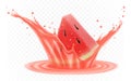 Watermelon in a splash of juice. slice of watermelon in a splash of juice with drops. 3d realistic transparent isolated vector Royalty Free Stock Photo