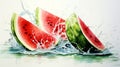 Watermelon and splashes of water. Watercolor illustration of sliced watermelon