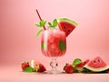 Watermelon strawberry cocktail with ice cubes and mint leaf on trendy pink background, copy space. Iced fruit tea or cold Royalty Free Stock Photo