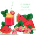 Watermelon and Strawberry smoothie delicious Vector green leaf