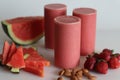 Watermelon strawberry smoothie. Summer drink made of watermelon and fresh strawberries in almond milk Royalty Free Stock Photo