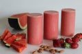 Watermelon strawberry smoothie. Summer drink made of watermelon and fresh strawberries in almond milk Royalty Free Stock Photo