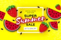 Watermelon and Strawberry Super Summer Sale Banner in paper cut style. Origami juicy ripe watermelon slices. Healthy