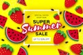 Watermelon and Strawberry Super Summer Sale Banner in paper cut style. Origami juicy ripe watermelon slices. Healthy