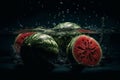 Watermelon are submerged and tossed in water. A fresh and creative advertising concept for fruit photography. Generative AI