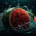 Watermelon are submerged and tossed in water. A fresh and creative advertising concept for fruit photography. Generative AI