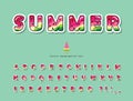 Watermelon summer trendy font. Cartoon decorative paper cut out alphabet. Cute funny letters and numbers. For poster, banner, T-