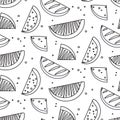 Watermelon summre fruit black white concept. Fern botanical scandinavian sketch pattern. Retro line art tropical print