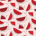 Watermelon summre fruit concept. Fern botanical scandinavian pattern. Retro line art tropical print. Geometric trendy