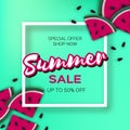 Watermelon Super Summer Sale Banner in paper cut style. Origami juicy ripe watermelon slices. Healthy food on green