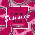 Watermelon Super Summer Sale Banner in paper cut style. Origami juicy ripe watermelon slices. Healthy food on pink