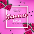 Watermelon Super Summer Sale Banner in paper cut style. Origami juicy ripe watermelon slices. Healthy food on pink