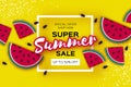 Watermelon Super Summer Sale Banner in paper cut style. Origami juicy ripe watermelon slices. Healthy food on yellow