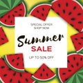 Watermelon Super Summer Sale Banner in paper cut style. Origami juicy ripe watermelon slices. Healthy food on yellow