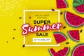 Watermelon Super Summer Sale Banner in paper cut style. Origami juicy ripe watermelon slices. Healthy food on yellow