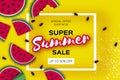 Watermelon Super Summer Sale Banner in paper cut style. Origami juicy ripe watermelon slices. Healthy food on yellow