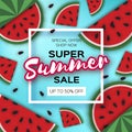 Watermelon Super Summer Sale Banner in paper cut style. Origami juicy ripe watermelon slices. Healthy food on blue