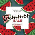 Watermelon Super Summer Sale Banner in paper cut style. Origami juicy ripe watermelon slices. Healthy food on green