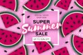 Watermelon Super Summer Sale Banner in paper cut style. Origami juicy ripe watermelon slices. Healthy food on pink