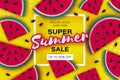 Watermelon Super Summer Sale Banner in paper cut style. Origami juicy ripe watermelon slices. Healthy food on yellow