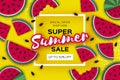 Watermelon Super Summer Sale Banner in paper cut style. Origami juicy ripe watermelon slices. Healthy food on yellow