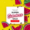 Watermelon Super Summer Sale Banner in paper cut style. Origami juicy ripe watermelon slices. Healthy food on yellow