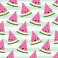 Watermelon triangle slice kawaii fruits pattern set on decorative lines color background