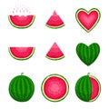 Watermelon. Vector icon set. Pieces, whole, round, in the shape of a heart