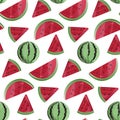 Watermelon vector Seamless pattern. Watermelon, whole, sliced, halves, slices, quarters, seeds, inflorescence and leaves Royalty Free Stock Photo