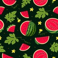 Watermelon vector Seamless pattern. Watermelon, whole, sliced, halves, slices, quarters, seeds, inflorescence and leaves Royalty Free Stock Photo