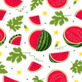 Watermelon vector Seamless pattern. Watermelon, whole, sliced, halves, slices, quarters, seeds, inflorescence and leaves Royalty Free Stock Photo