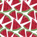 Watermelon vector Seamless pattern. Watermelon, whole, sliced, halves, slices, quarters, seeds, inflorescence and leaves Royalty Free Stock Photo