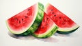 Watermelon watercolour painting. Three realistic watermelon slices