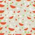 Watermelon with white flowers and green leafs background.vector illustration.