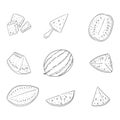 Watermelon whole and sliced outline illustrations set