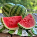 Watermelon whole two sliced wedges on wood picnic table green white table cloth depth of field green bushes background Royalty Free Stock Photo