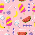 Watermelone and banana ice cream in a seamless pattern design