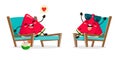 Funny slices of watermelons rest on the chairs on the sun beds in a cartoon style. Vector illustration on white background in flat Royalty Free Stock Photo