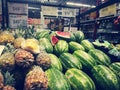 Watermelons fruits on sell in supermarket in Mexico with prices Royalty Free Stock Photo